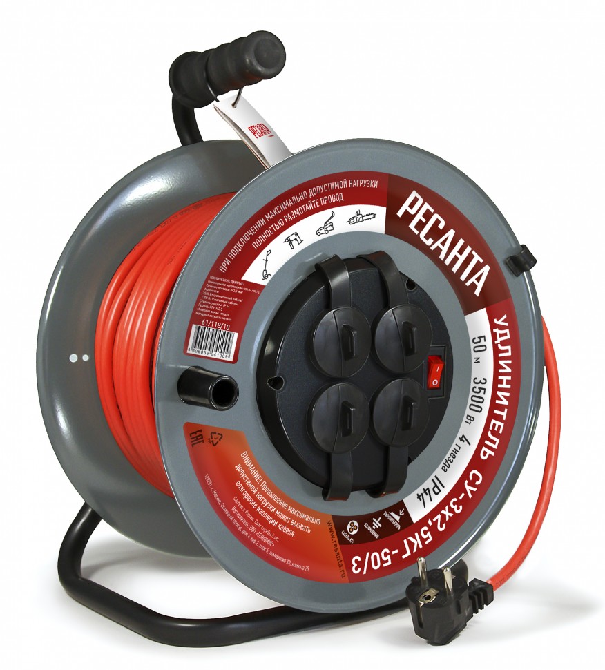 Удлинитель силовой на металлической катушке Ресанта СУ-3х2,5КГ-50/3 с выкл., 4 розетки, IP44