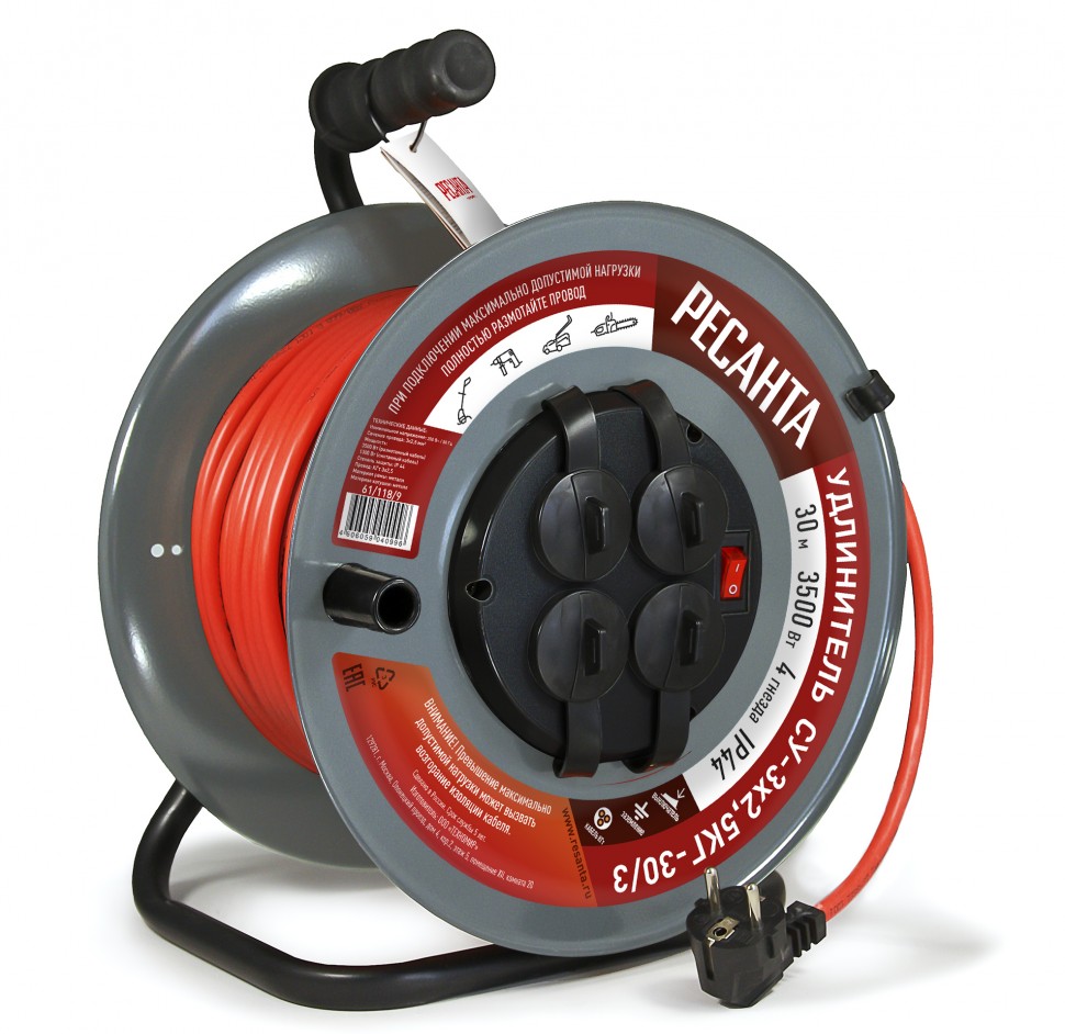 Удлинитель силовой на металлической катушке Ресанта СУ-3х2,5КГ-30/3 с выкл., 4 розетки, IP44
