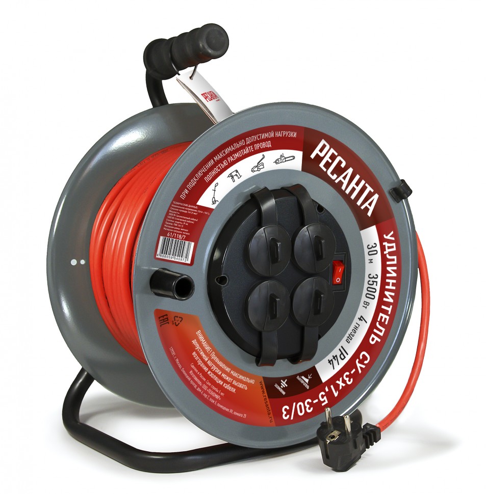 Удлинитель силовой на металлической катушке Ресанта СУ-3х1,5-50/3 с выкл., 4 розетки, IP44
