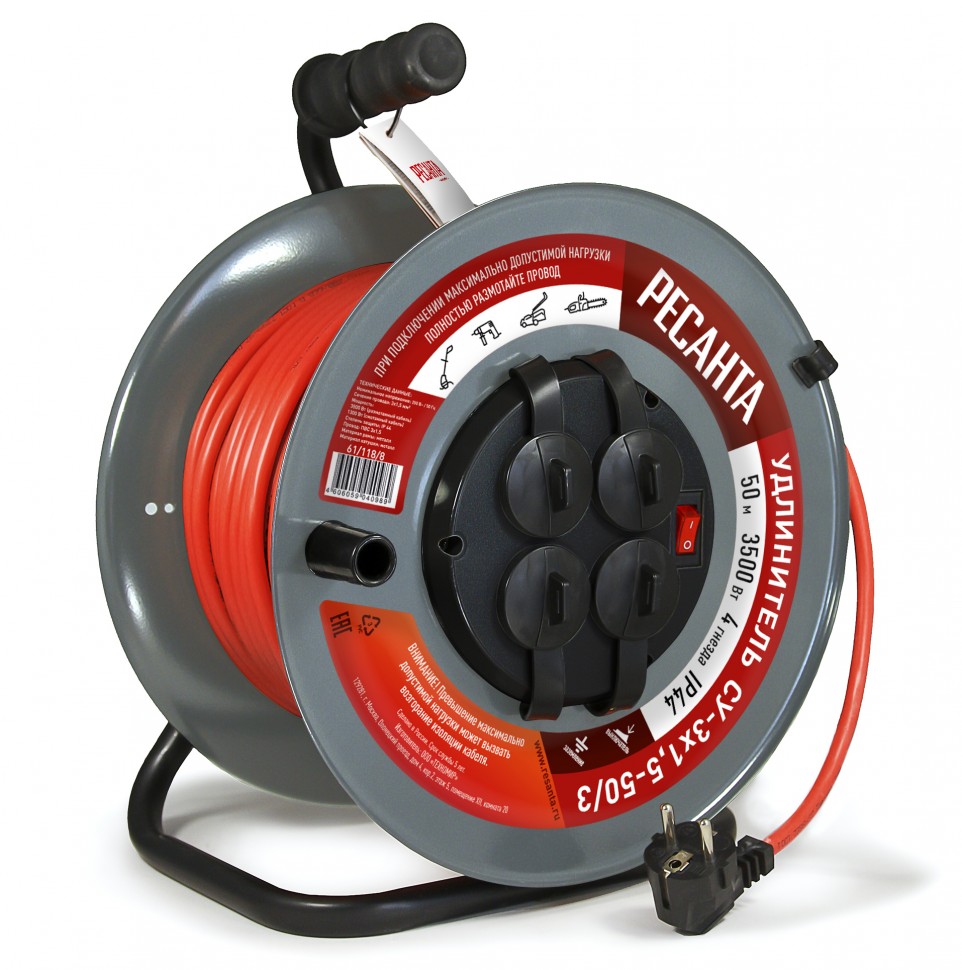 Удлинитель силовой на металлической катушке Ресанта СУ-3х1,5-30/3 с выкл., 4 розетки, IP44